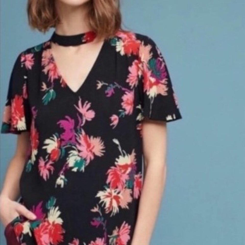 EUC MAEVE Anthropologie Black Bella Floral Choker Flutter Sleeve Top Small S